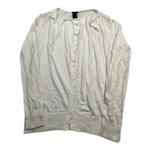 Ann Taylor Pearl Embellished Cardigan Cream Button Up Long Sleeve Women's Medium